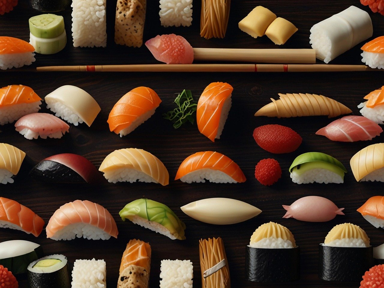 A variety of pieces of sushi. 